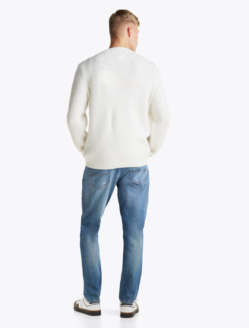 Waffle Knit Crew Neck Jumper With Wool, Ancient White Melange, hi-res
