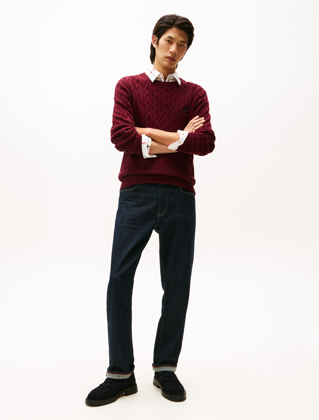 Cable Knit Crest Sweater, Deep Burgundy Heather, hi-res