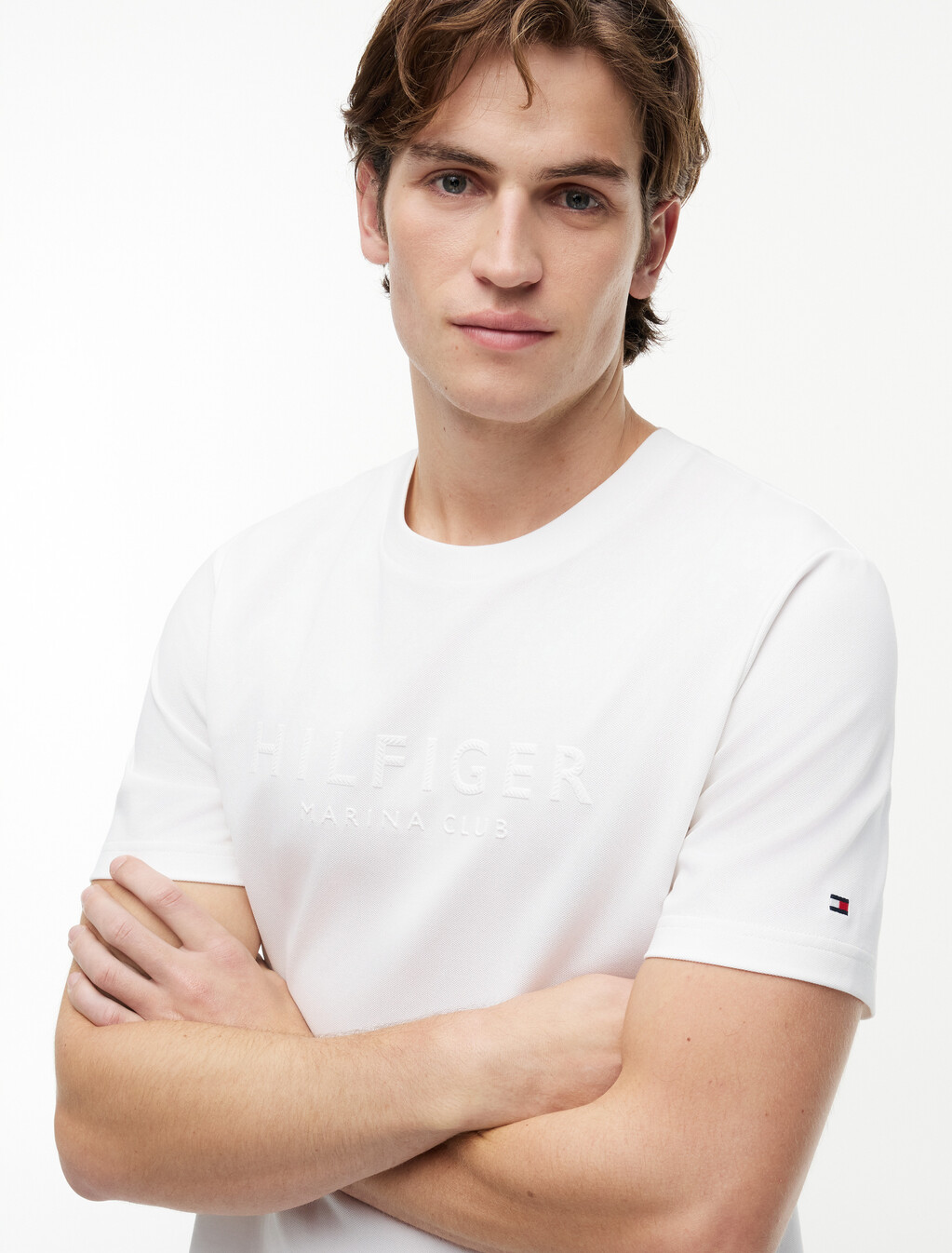 Embossed Logo Pique Interlock Knit T-Shirt, White, hi-res
