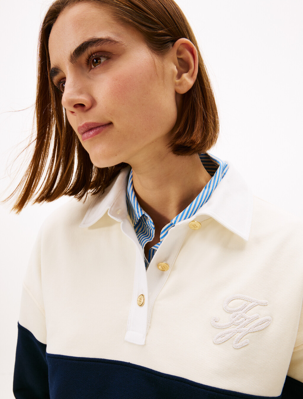 金色鈕扣毛圈橄欖球衫, Calico, hi-res