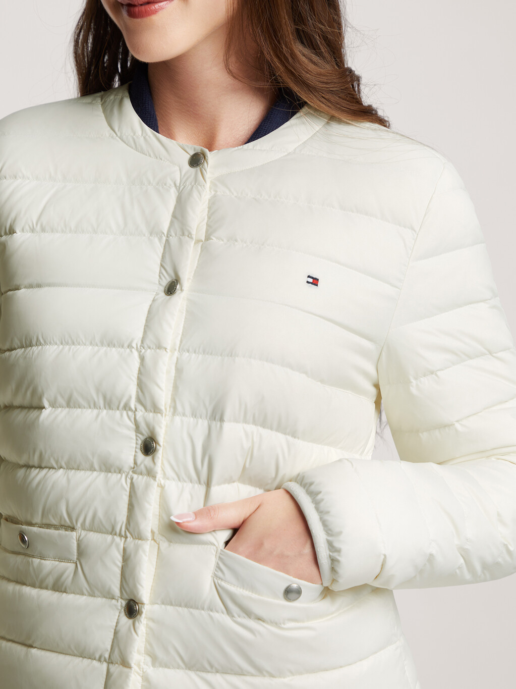 Lightweight Quilted Down Collarless Jacket, Ancient White, hi-res