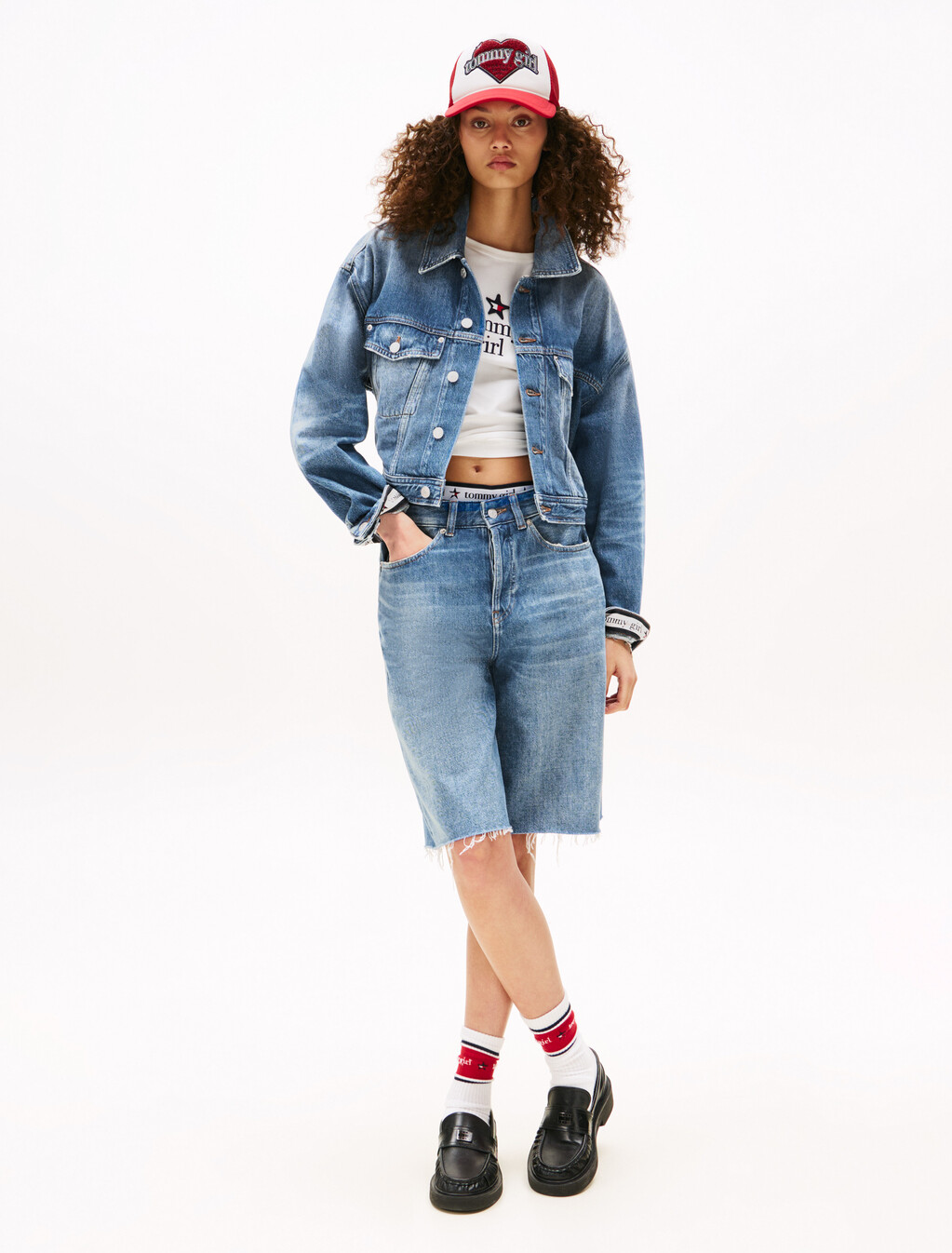 Tommy Girl 後背標誌短版超寬鬆牛仔外套, Indigo Wash, hi-res