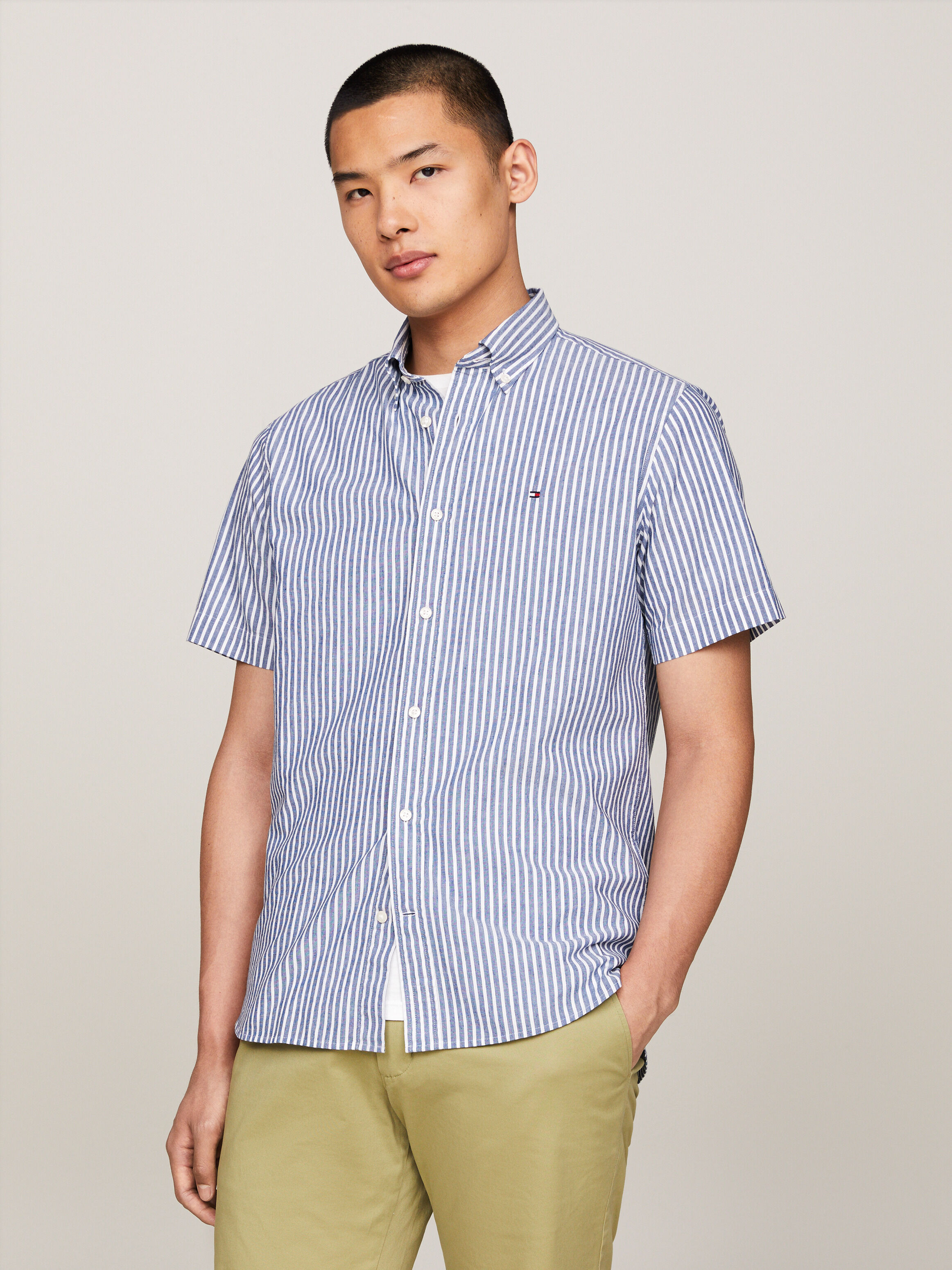 條紋常規版型短袖襯衫 Anchor Blue / Optic White