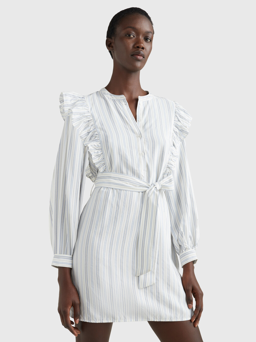 荷葉邊細節條紋襯衫洋裝, Textured Stripe /Ecru Blue, hi-res