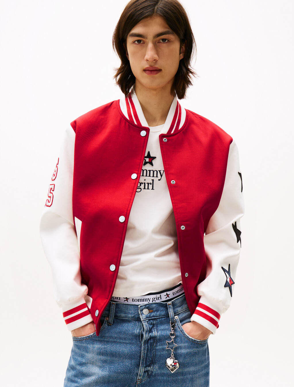 Tommy Girl 後背標誌超寬鬆棒球外套, Primary Red / Ecru, hi-res
