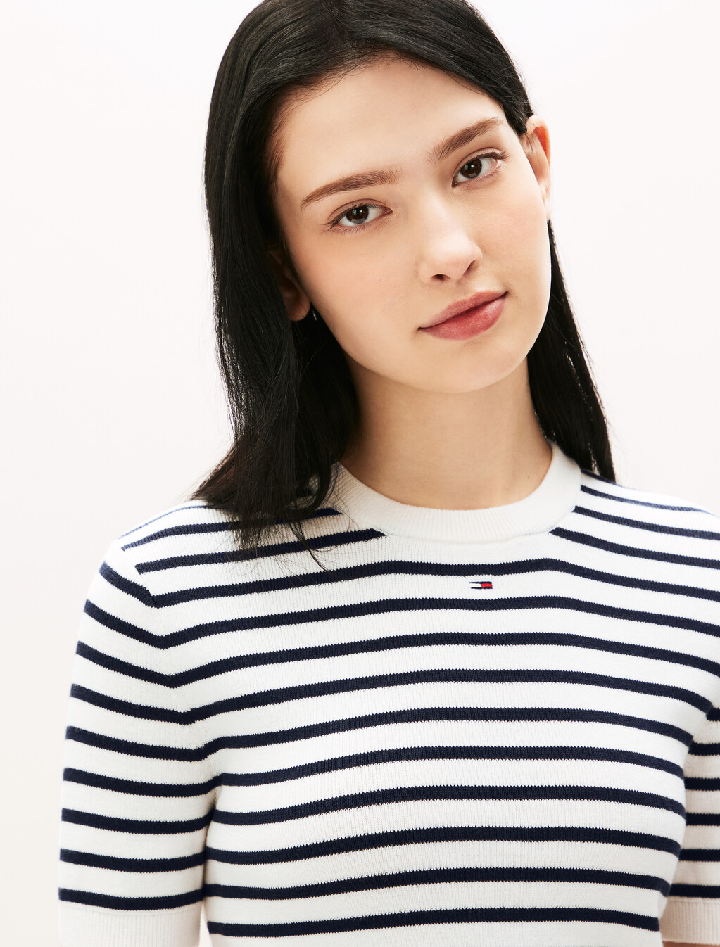 基本款條紋短袖毛衣, White/Navy Stripe, hi-res