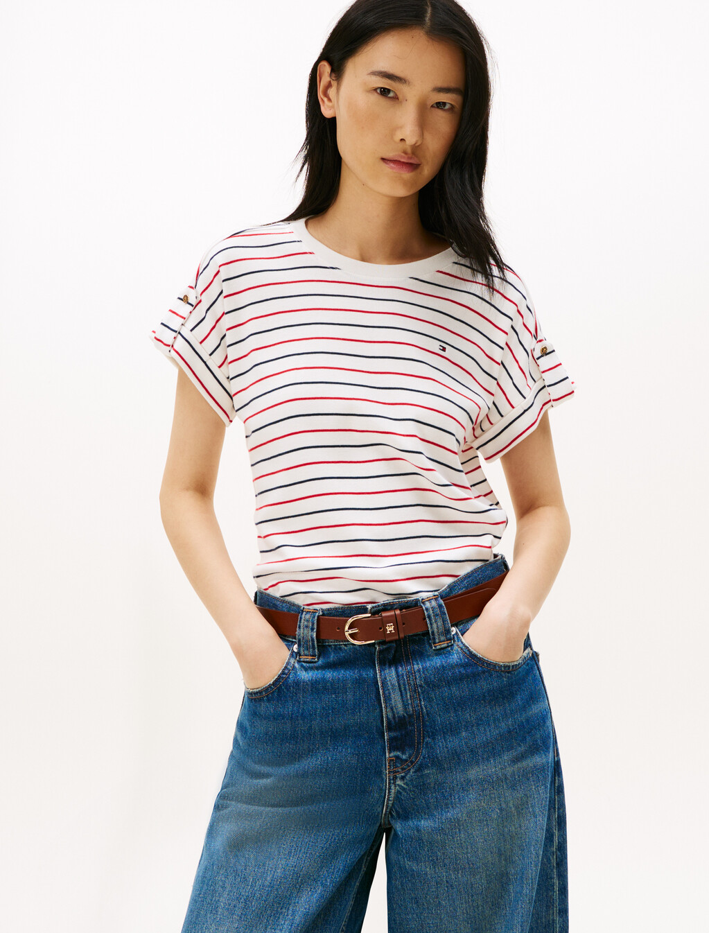 捲邊衣袖 T 恤, Multi Stripe Ivory/Red/Navy, hi-res
