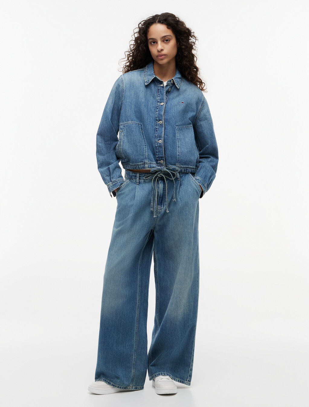 Drawstring Loose Wide Leg Jeans With Linen, Denim Medium, hi-res