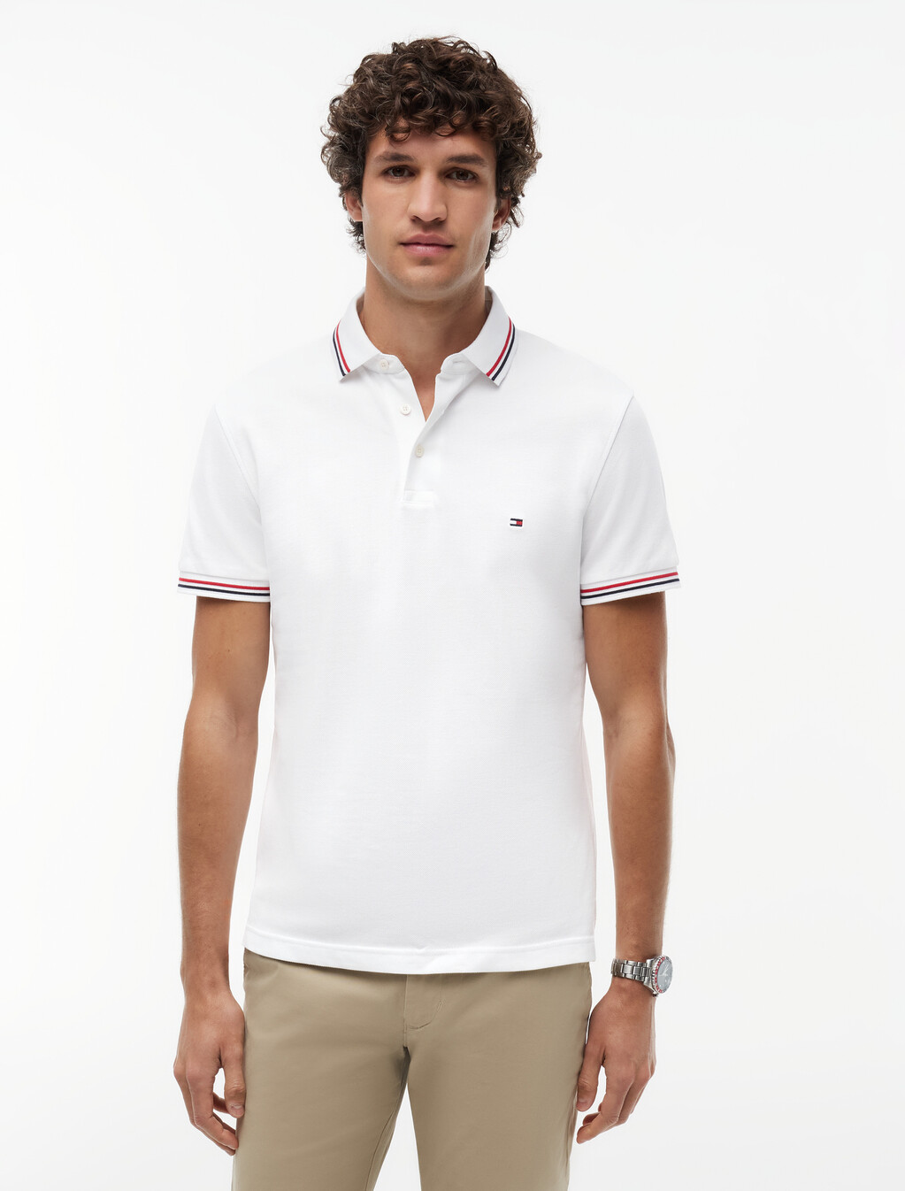 Tipped Slim Polo, White, hi-res
