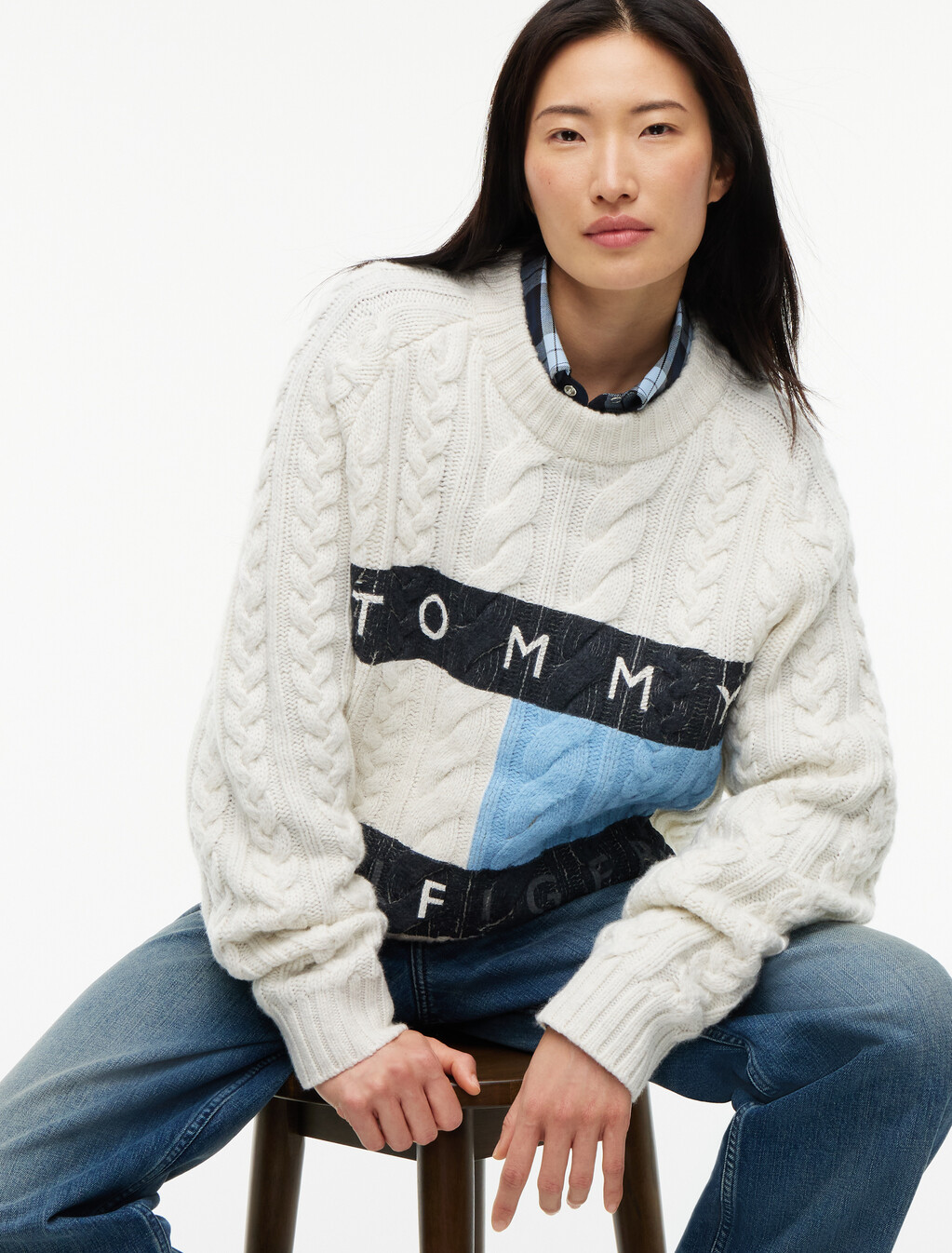 Wool Blend Cable Knit Jumper, Ecru / Well Water, hi-res