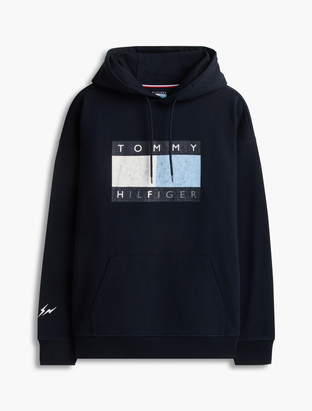 水洗旗幟標誌抓絨寬版連帽運動衫, Navy Blue, hi-res