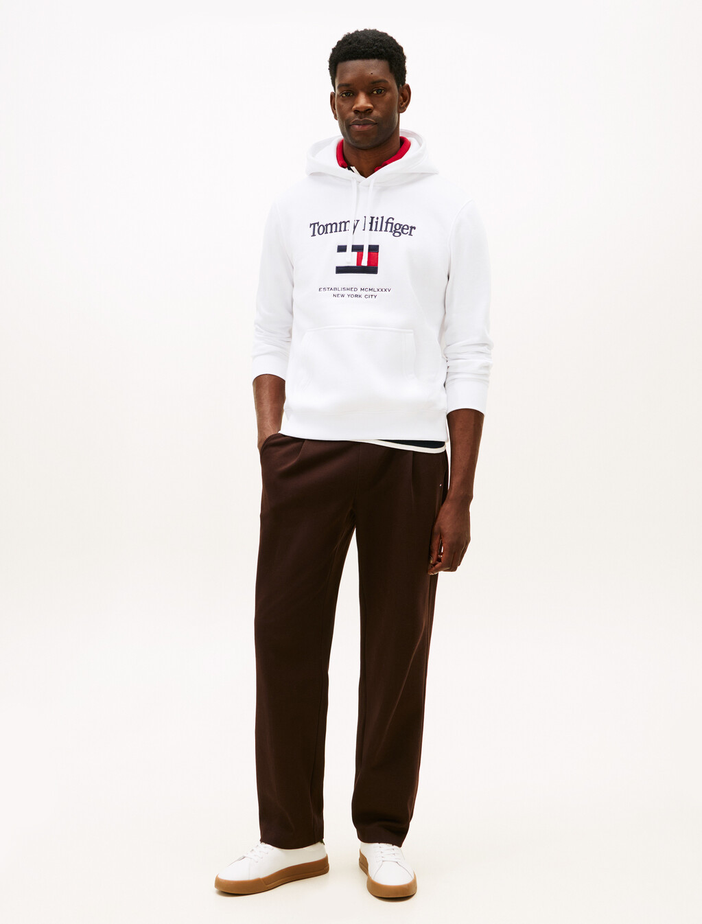 標誌刺繡彈性抓絨連帽衫, White, hi-res