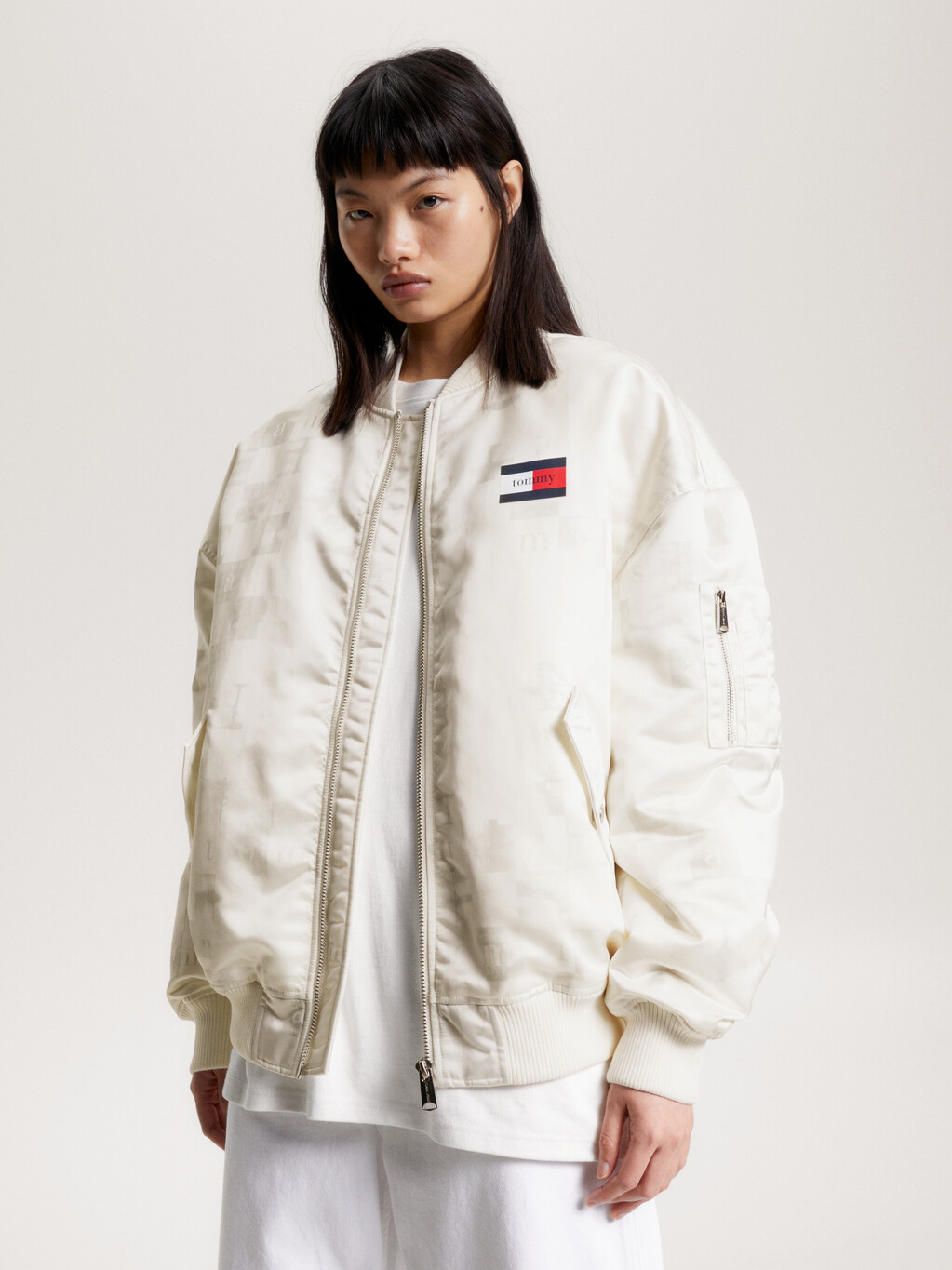 Recycled Down Sateen Checkerboard Bomber, Ancient White, hi-res