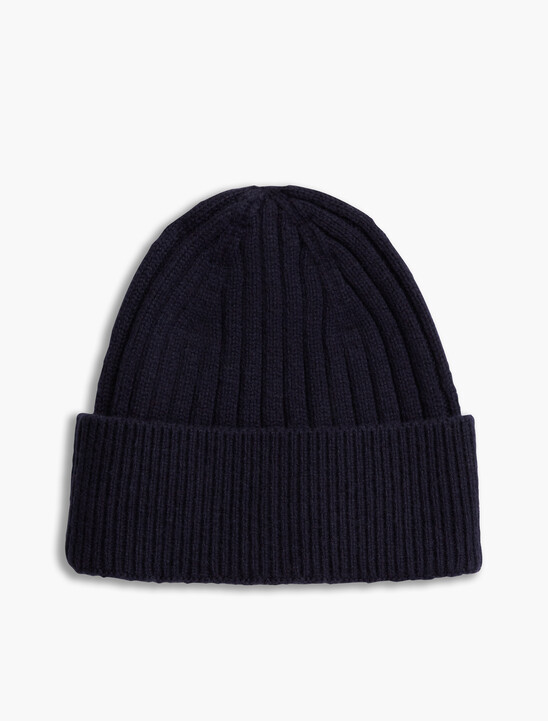 Lambswool Blend Crest Rib-Knit Beanie