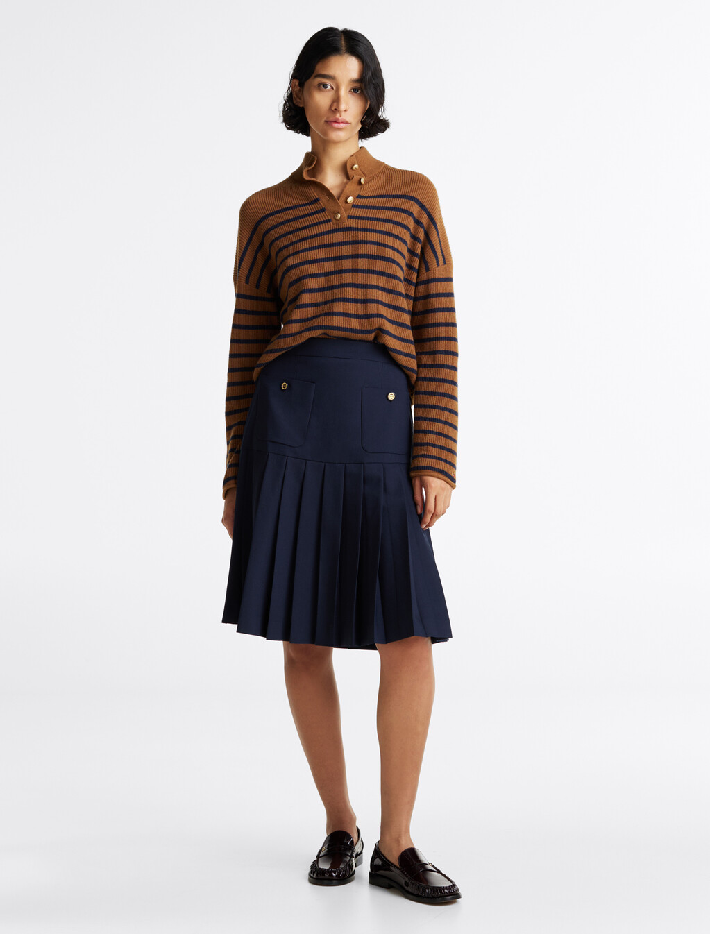 Wool Blend Pleated Midi Skirt, Dark Night Navy, hi-res