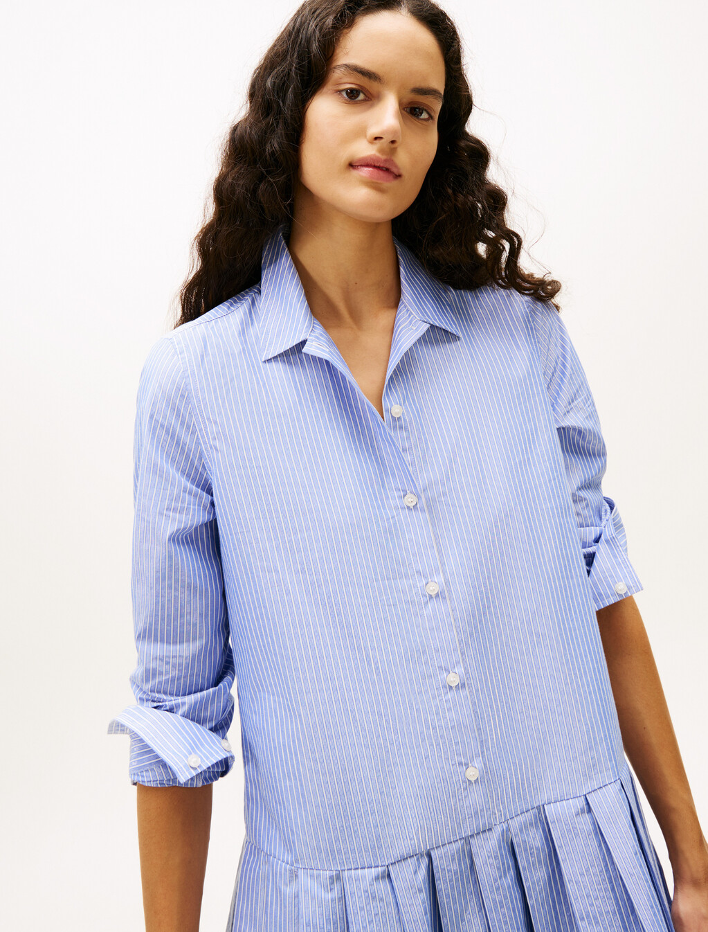 Metallic Pleated Relaxed Mini Shirt Dress, Light Blue, hi-res