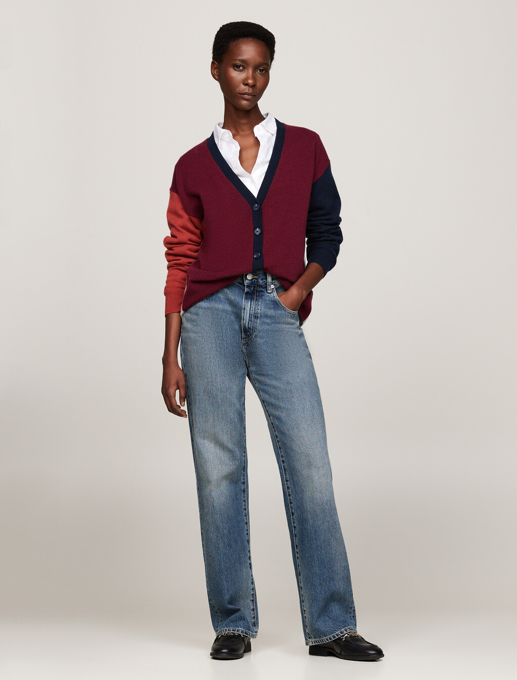 Colour-Blocked Cardigan With Cashmere, Deep Rouge, hi-res