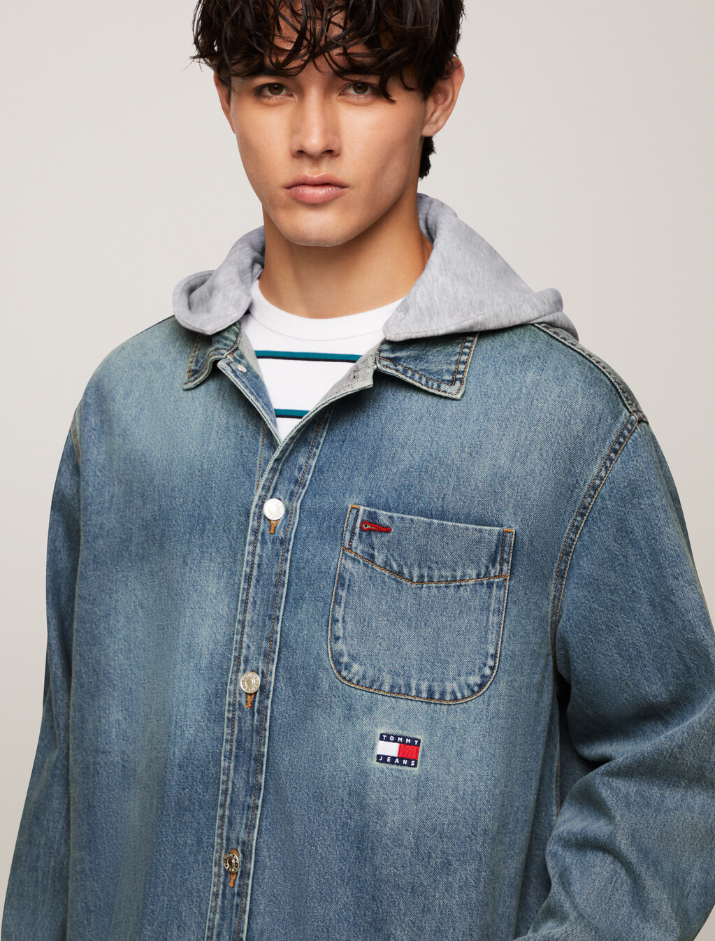 Hooded Denim Shacket, Denim Medium, hi-res