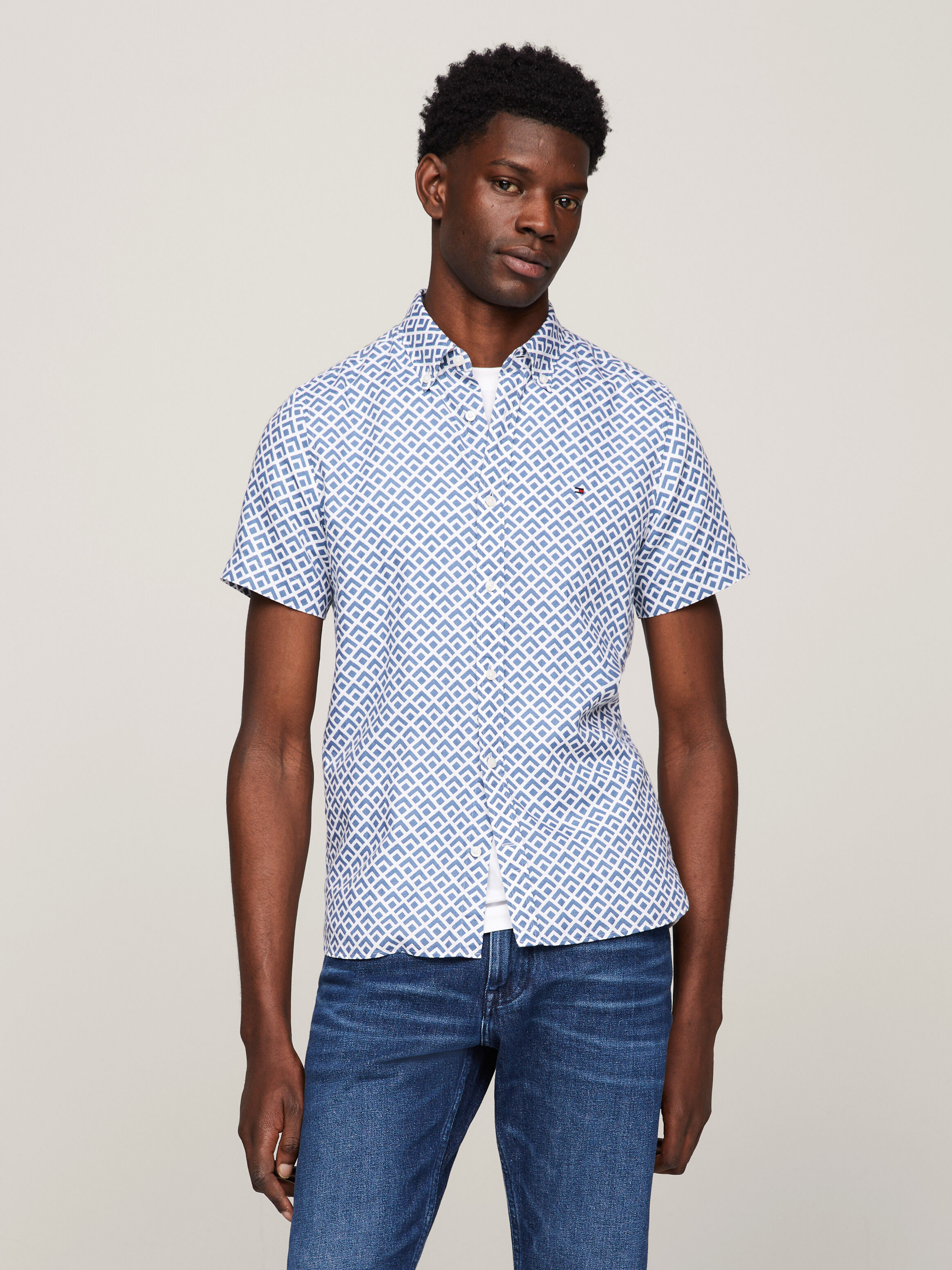 Geometric Print Slim Short Sleeve Shirt Blue Coast / Optic White