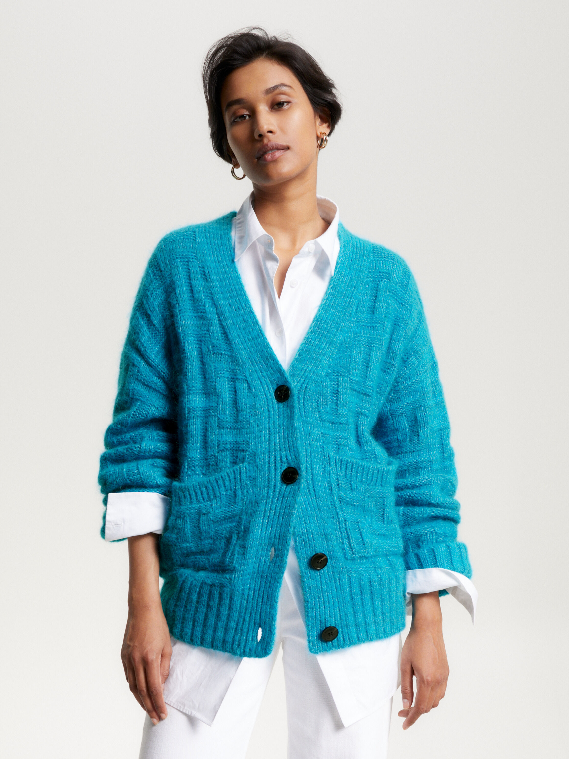 Tonal Texture V Neck Oversized Cardigan Tommy Hilfiger Taiwan