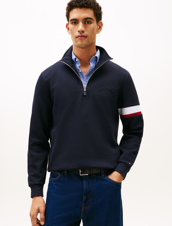 Half Zip Stripe Insert Cotton Pique Sweatshirt