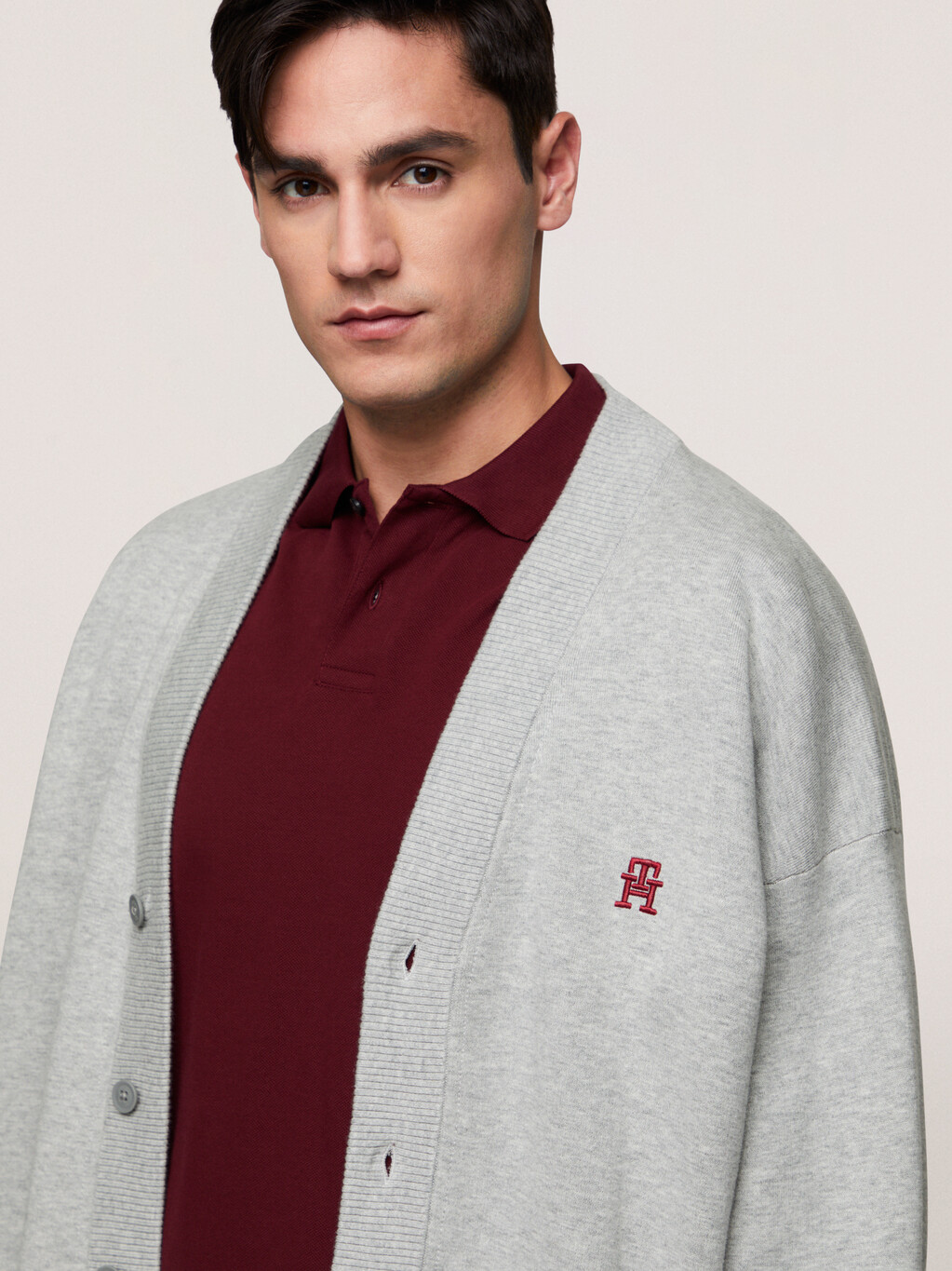 TH Monogram Interlock Cotton Cardigan, Light Grey Heather, hi-res