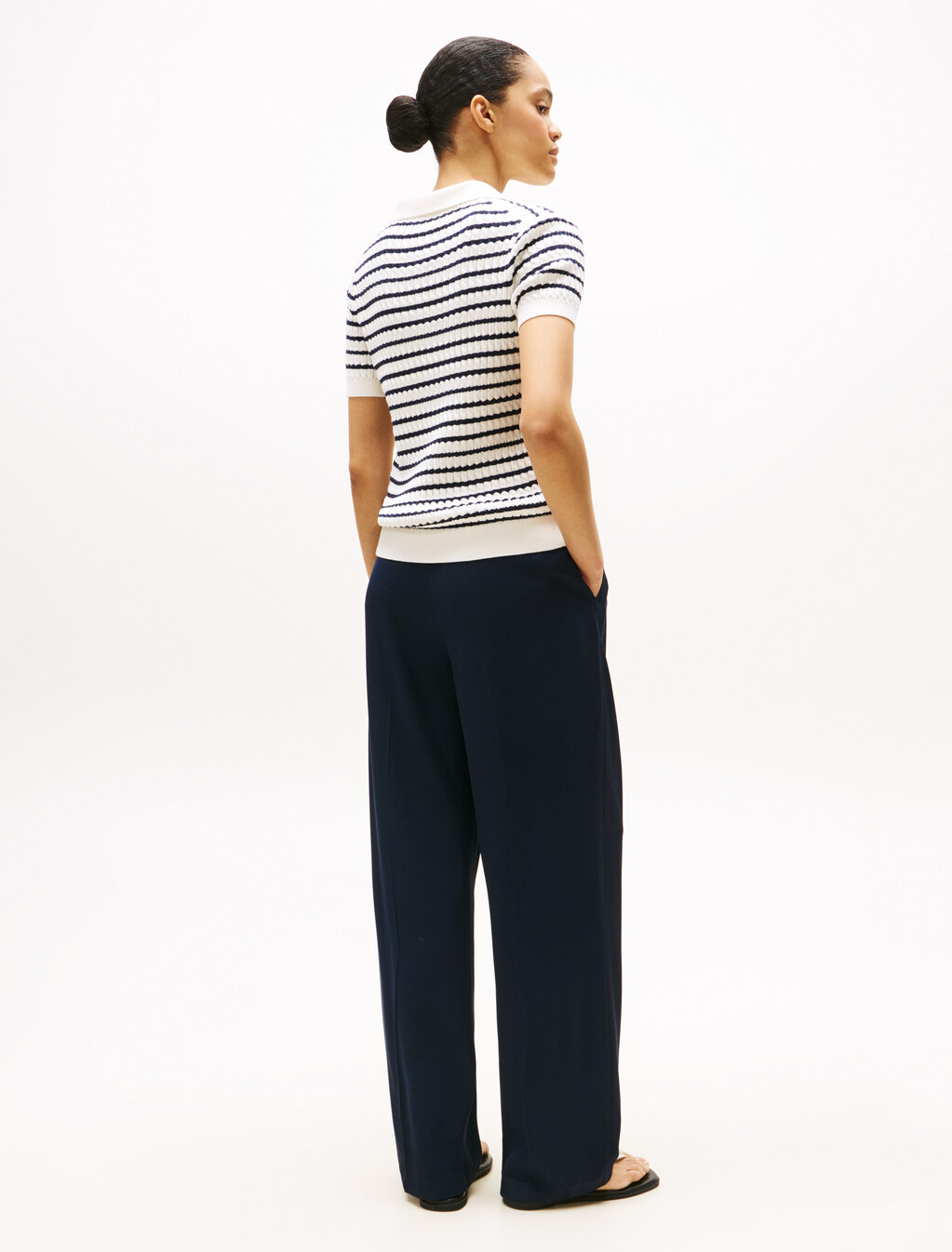 Cable Knit Polo Short Sleeve Jumper, Ivory Silk/Dark Night Navy Stp, hi-res