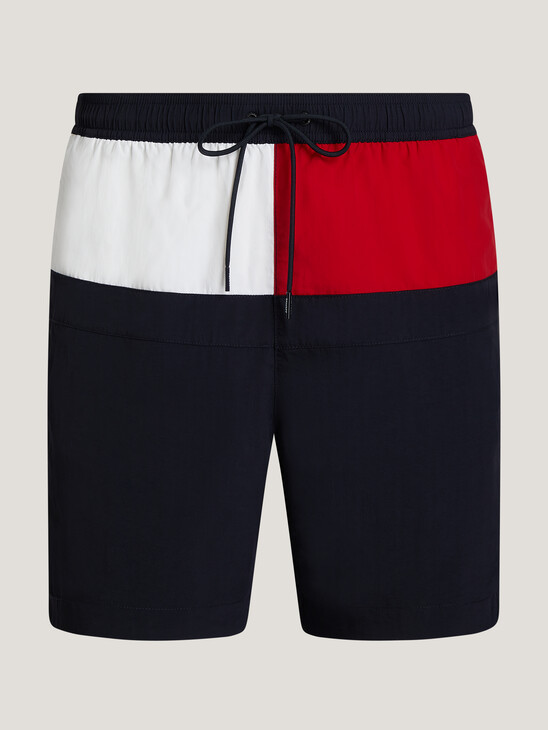 Color Block Drawstring Long Swim Trunks