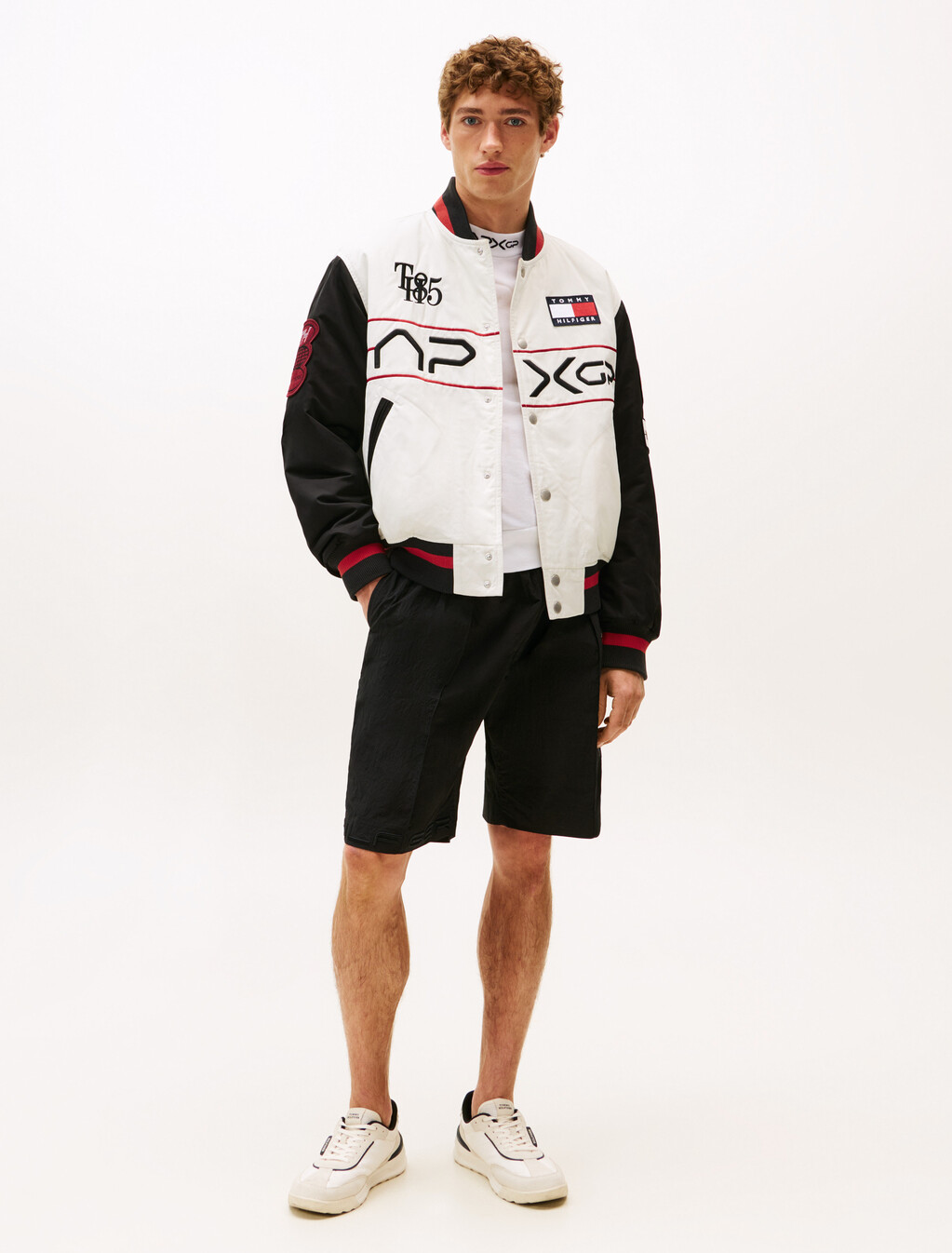 The APXGP Collection Satin Boxy Varsity Jacket, White/Red/Black, hi-res