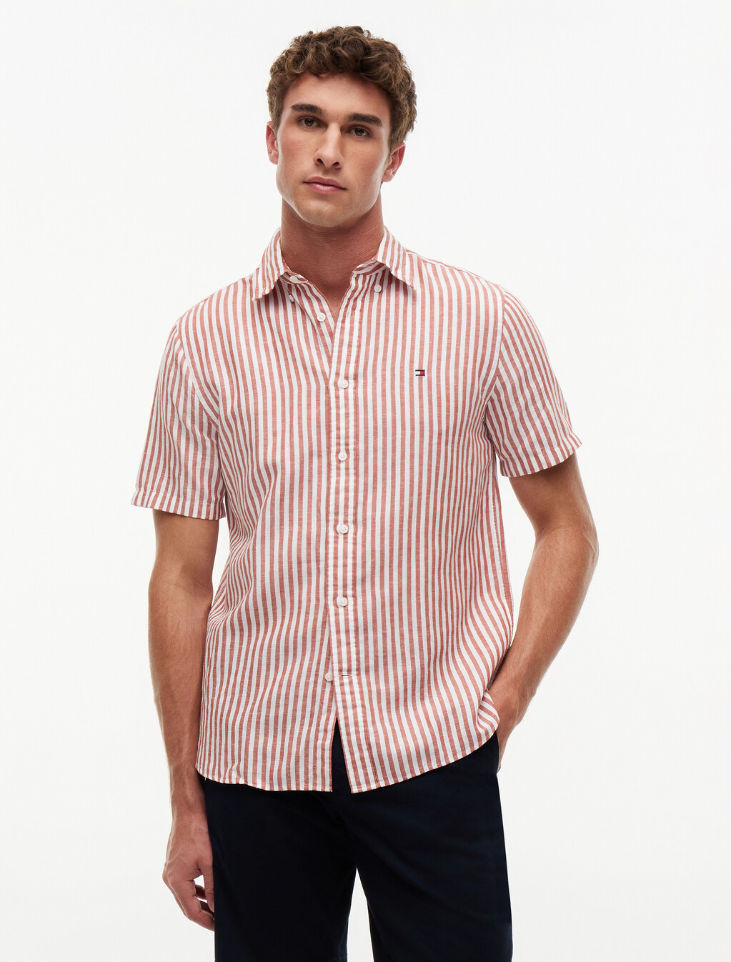 Regular Linen Blend Bengal Stripe Short Sleeve Shirt, Rusty Ochre / Stripe, hi-res