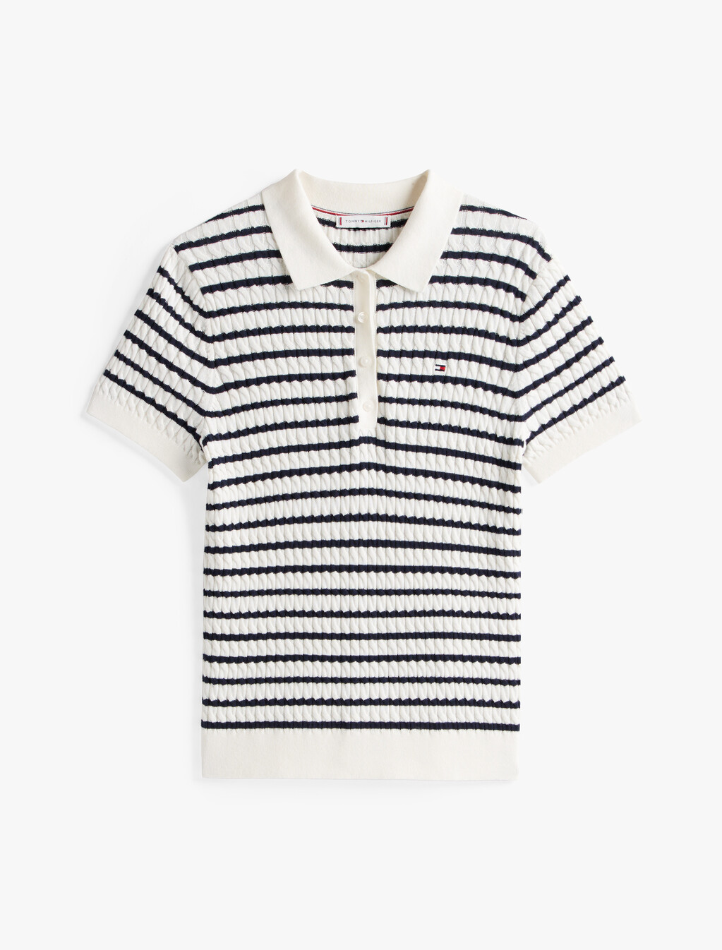 Cable Knit Polo Short Sleeve Jumper, Ivory Silk/Dark Night Navy Stp, hi-res