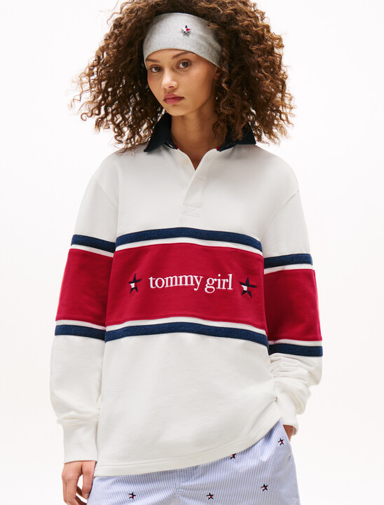 Tommy Girl 後背標誌寬鬆條紋橄欖球衫
