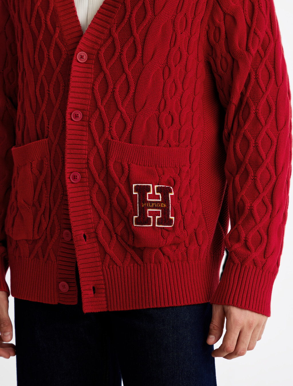 絞花針織字母刺繡開襟外套, Arizona Red, hi-res