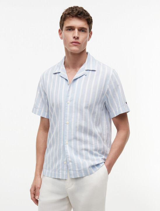 Linen Blend Textured Stripe Short Sleeve Shirt