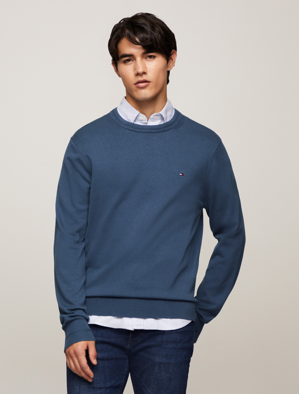 Cotton Silk Crewneck Sweater, Aegean Sea, hi-res