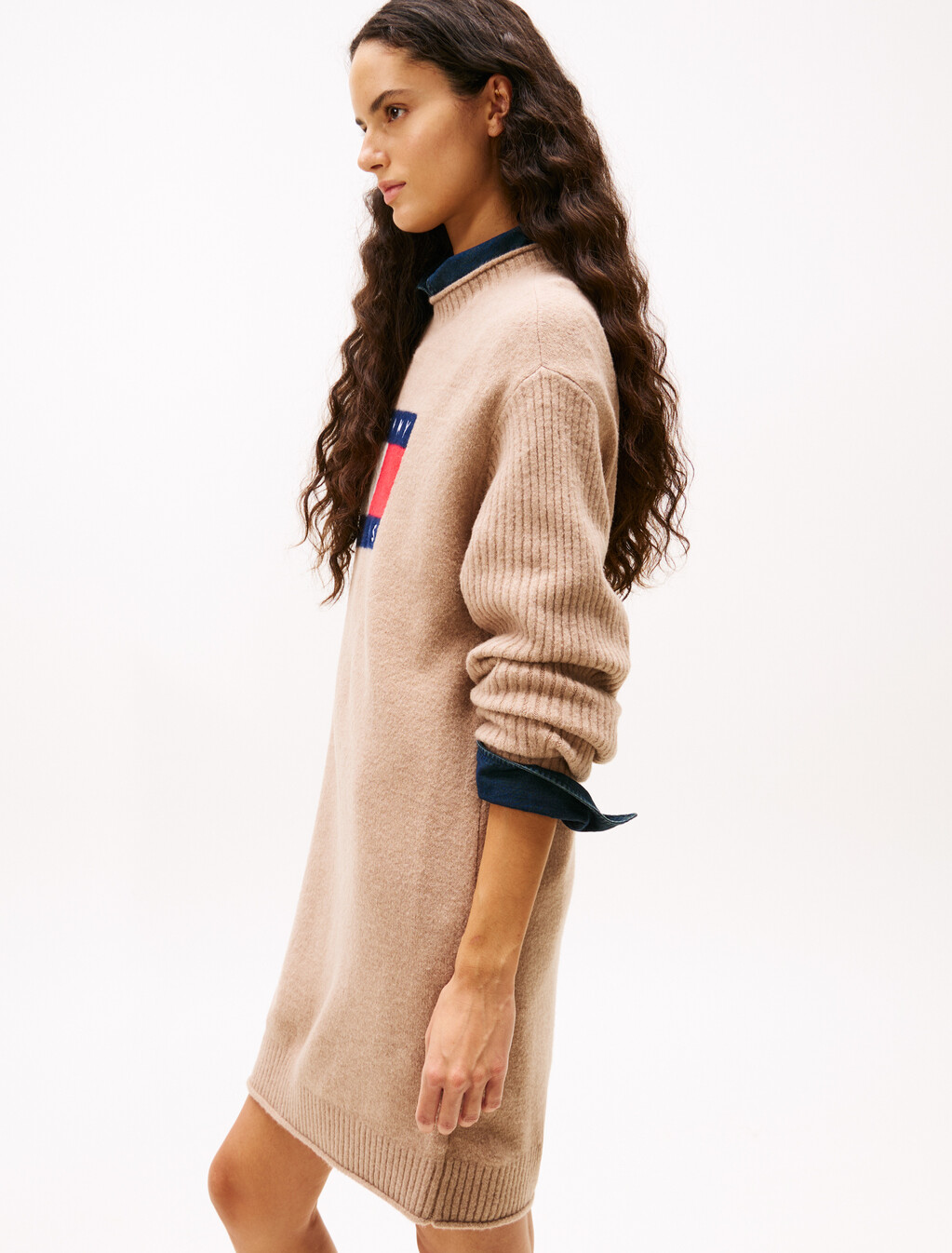 Tommy Flag Badge Mini Jumper Dress, Malted Milk, hi-res