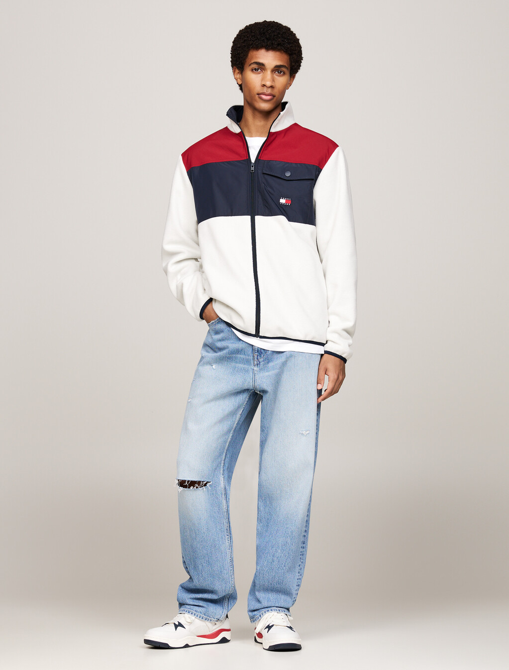 Colour-Blocked Fleece Relaxed Sweatshirt, Regatta Red / Dark Night Navy, hi-res