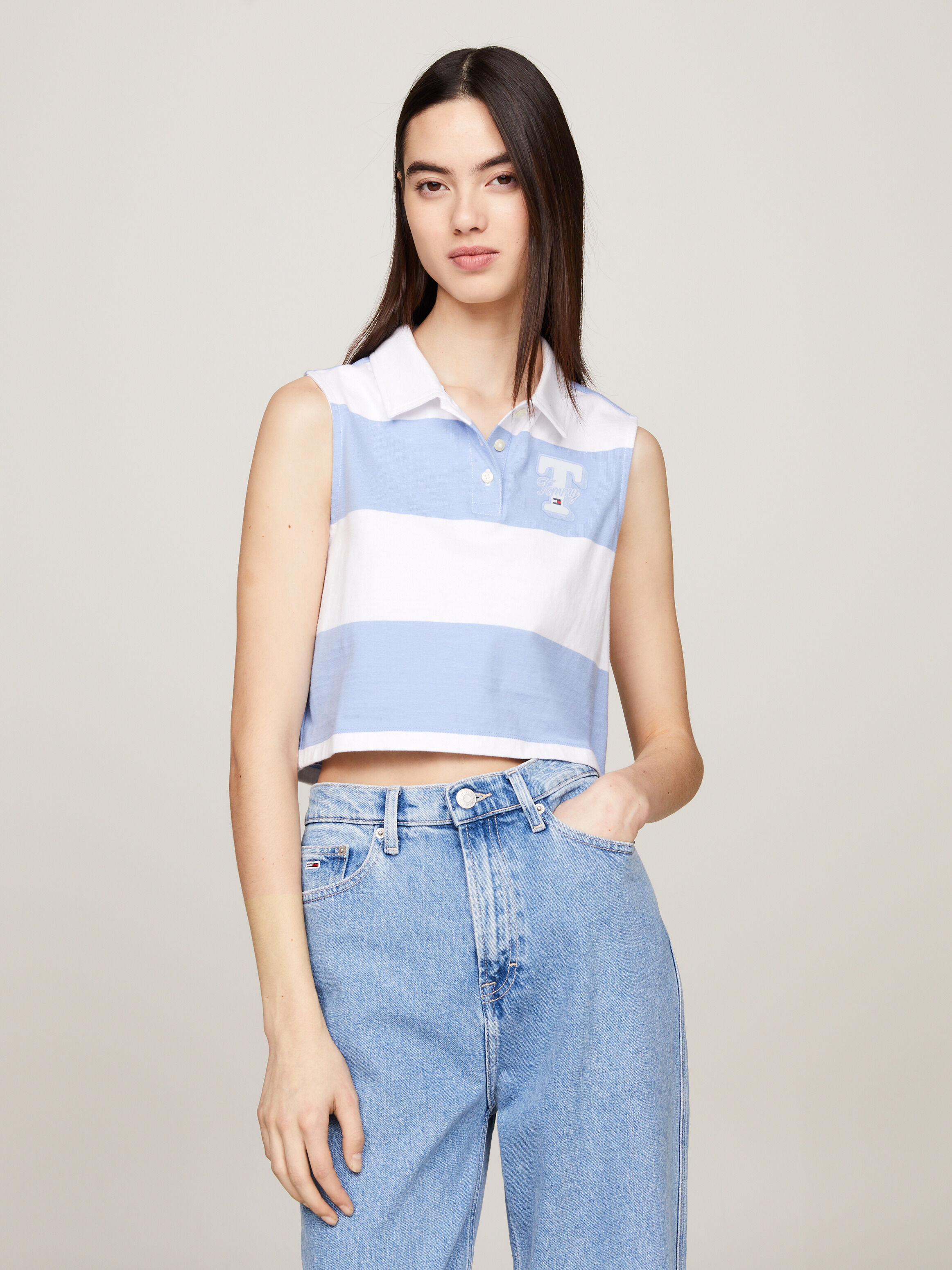 條紋無袖短版 Polo衫 Moderate Blue / Stripe