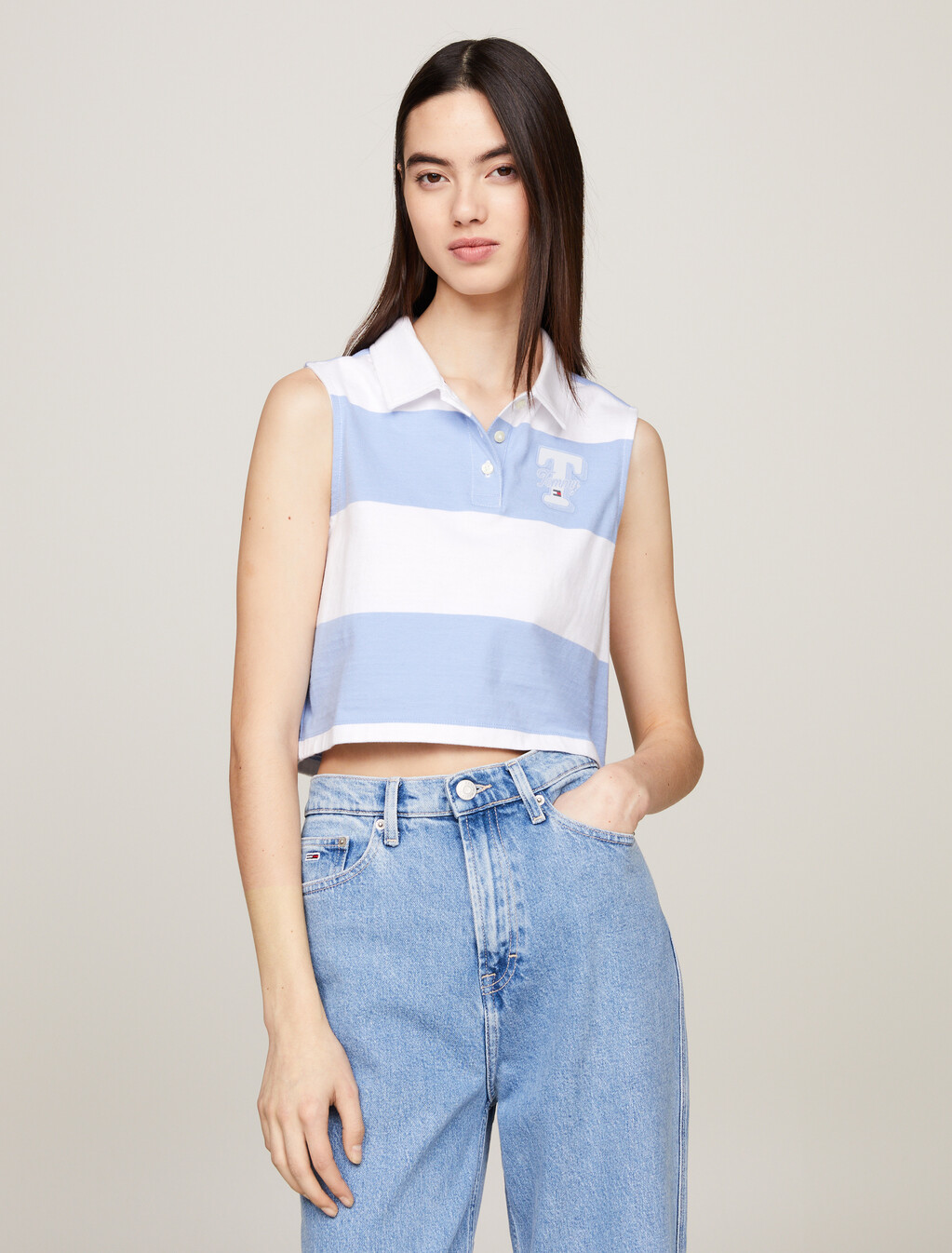 Stripe Sleeveless Cropped Letterman Polo, Moderate Blue / Stripe, hi-res