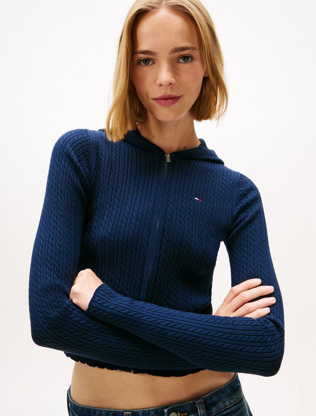 Essential Cable Knit Zip Jacket, Dark Night Navy, hi-res