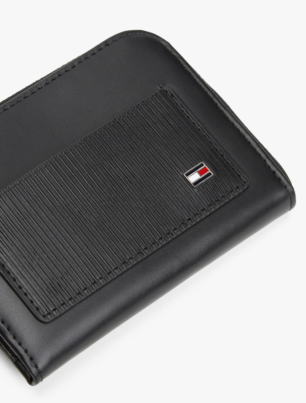 Hilfiger 旗幟 羅紋皮革拉鍊短夾, Black, hi-res