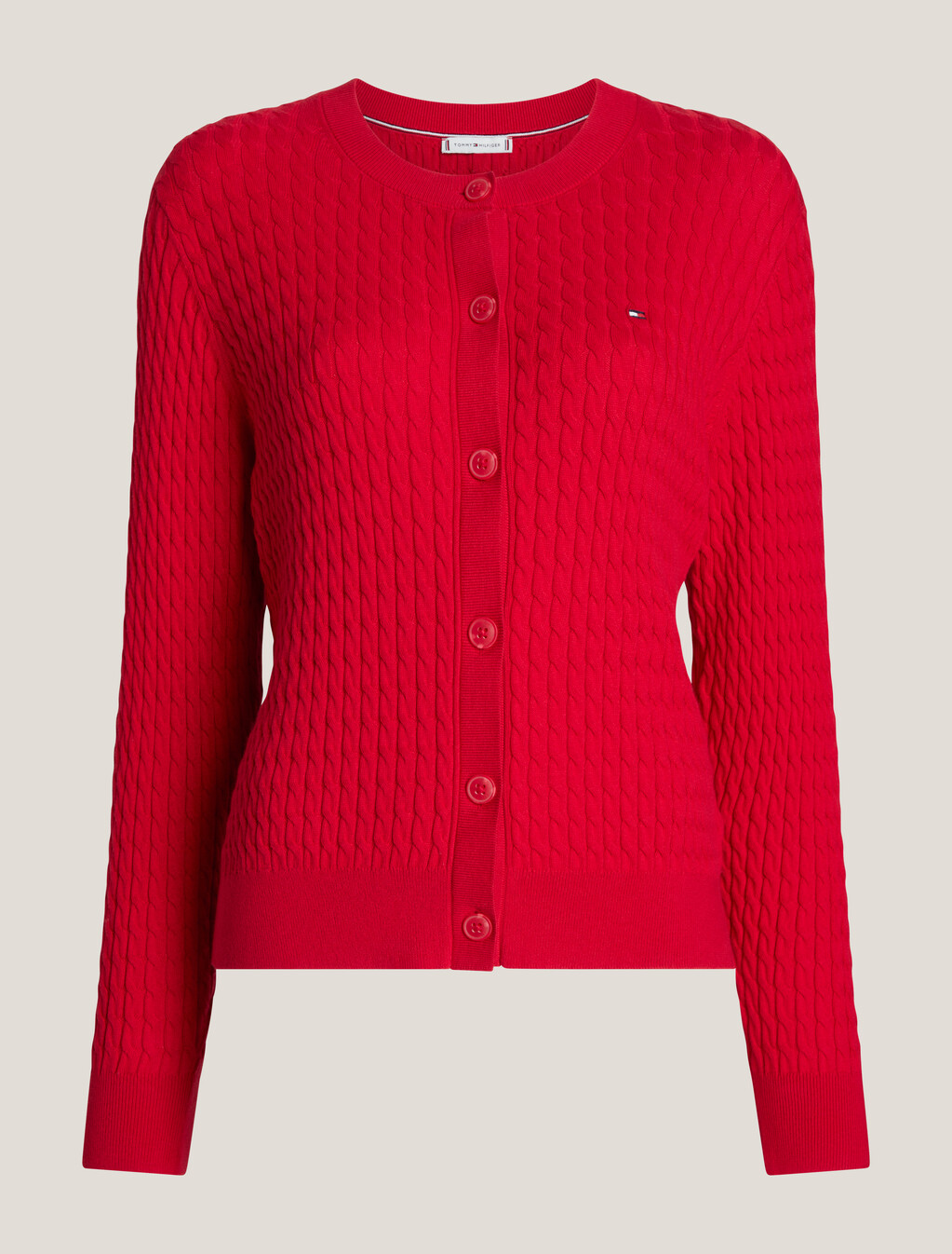 Cable Knit Crew Neck Cardigan, Primary Red, hi-res