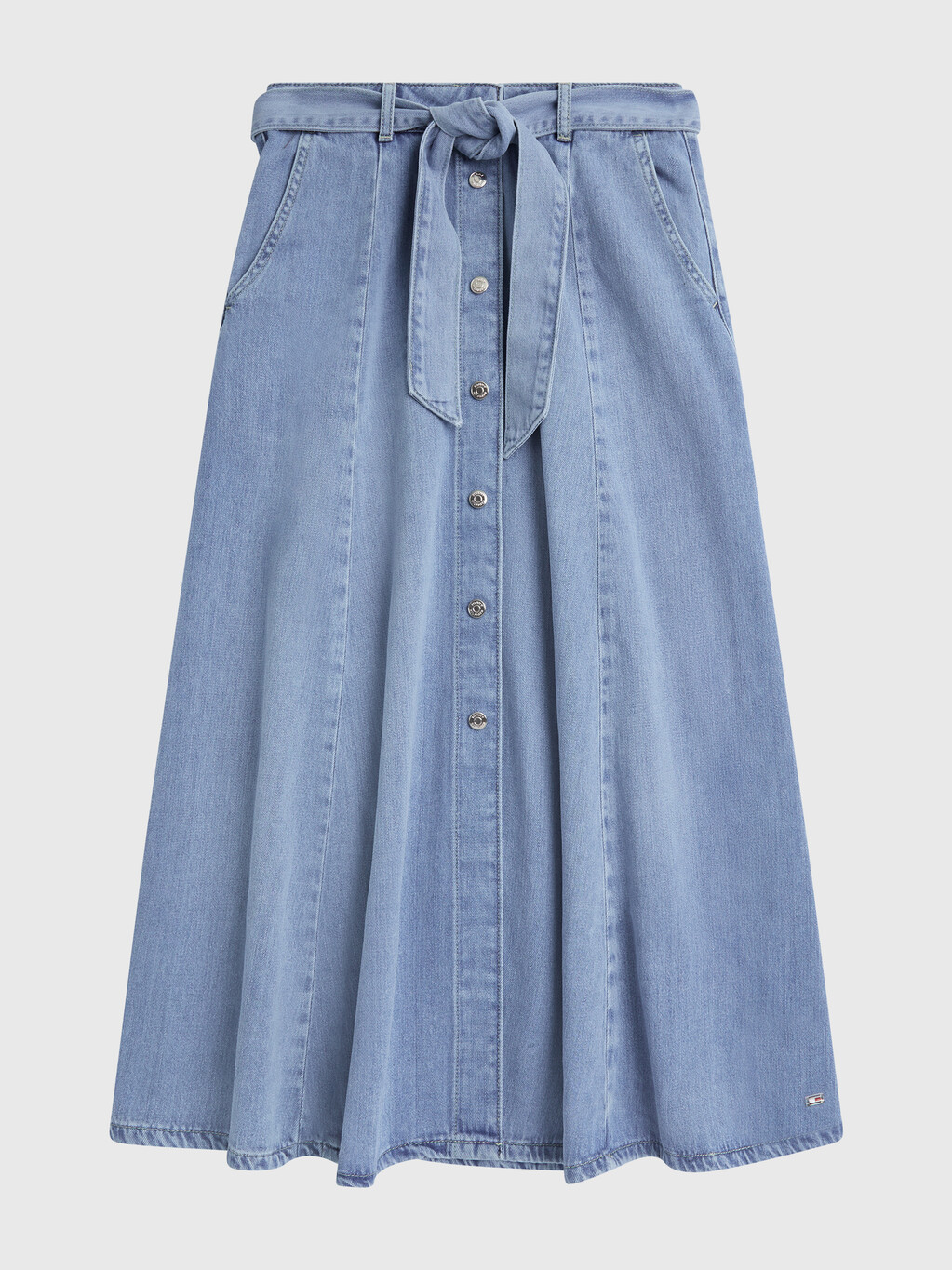 Belted Fit And Flare Denim Midi Skirt, Ava, hi-res