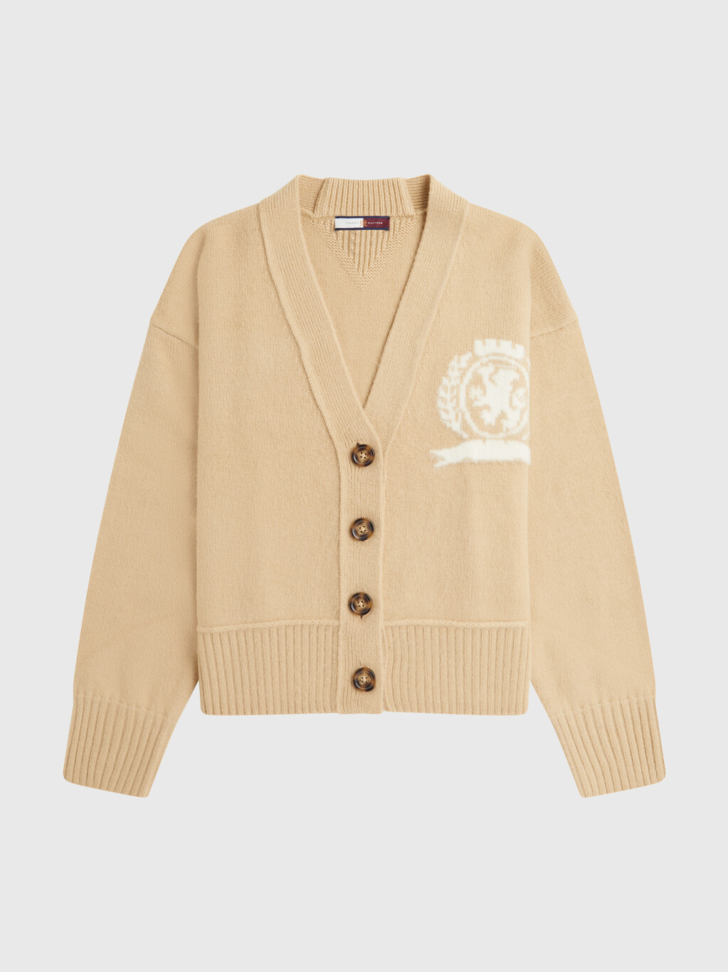 Crest Relaxed Letterman Wool Cardigan, Sandy Beige, hi-res